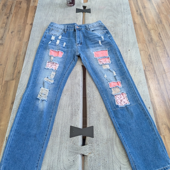 Denim - Women’s Blue Distressed Patchwork Jeans with Pink Accents Size M